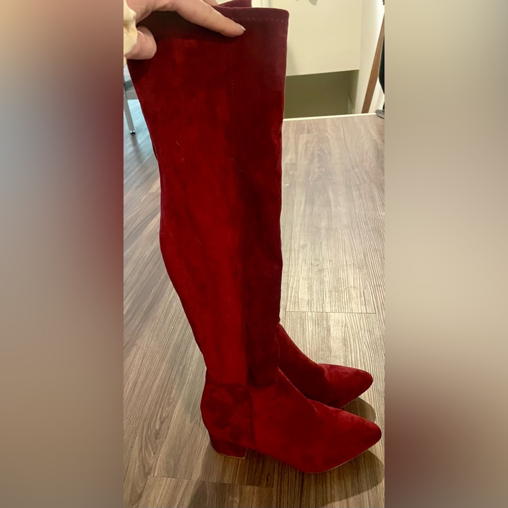 Maroon knee high suede boots